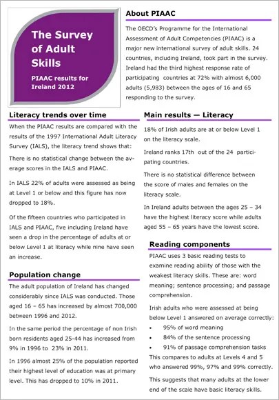 NALA Factsheet - PIAAC survey of adult skill results for Ireland (2012)