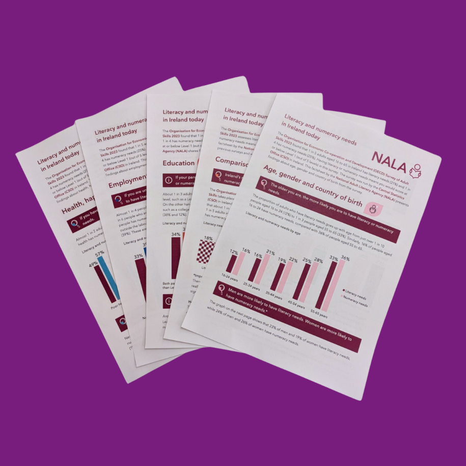 A selection of NALA factsheets on literacy and numeracy needs in Ireland