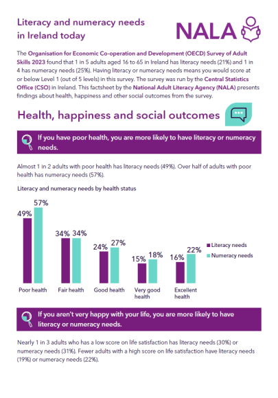Cover of the NALA factsheet on health, happiness and social outcomes - Organisation for Economic Co-operation and Development (OECD) Survey of Adult Skills