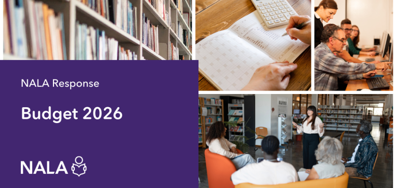 NALA response: Budget 2026. Image shows people learning in adult education centres and libraries.