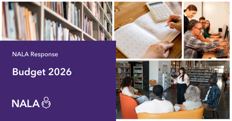 NALA response: Budget 2026. Image shows people learning in adult education centres and libraries.