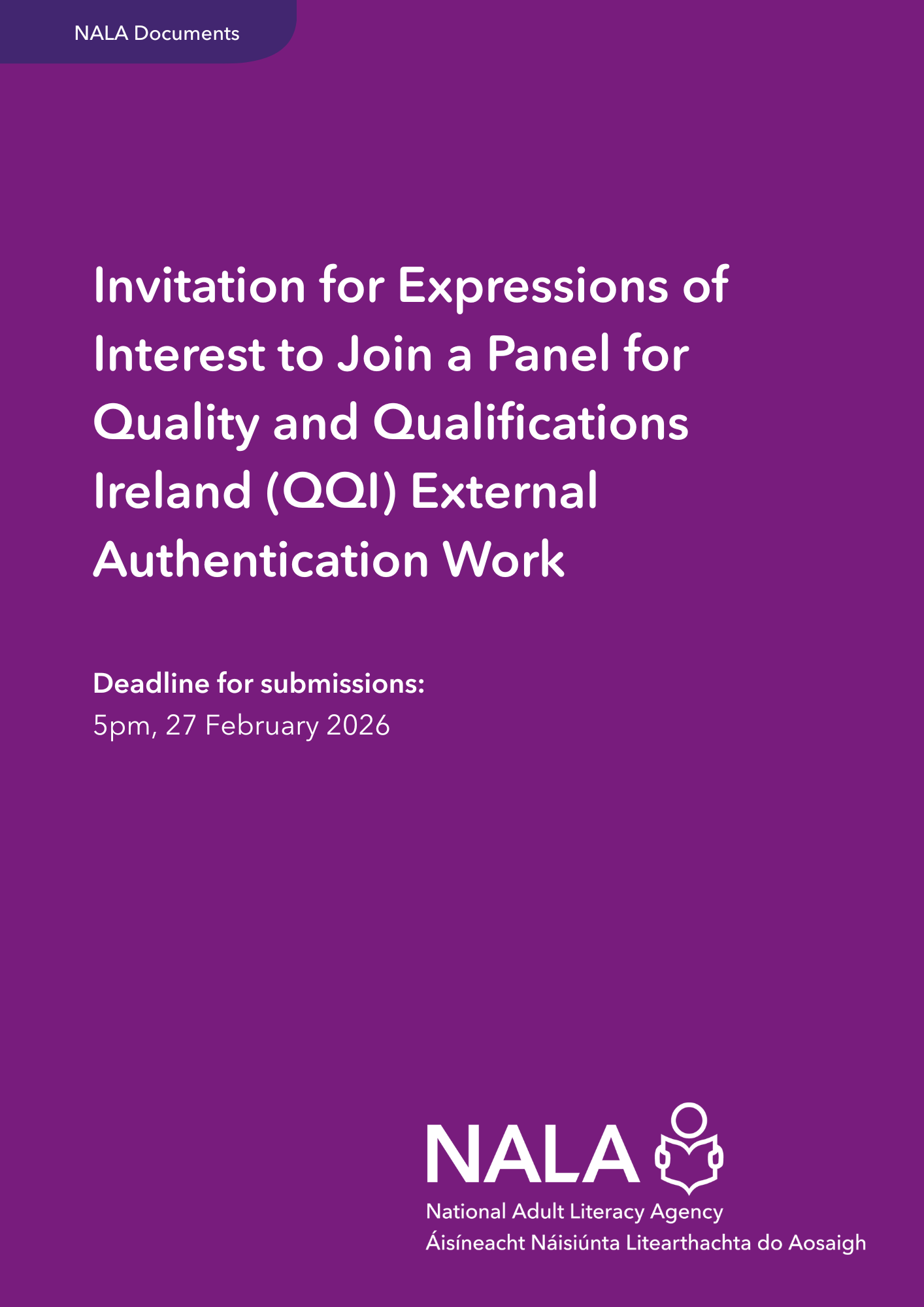 Invitation for Expressions of Interest to Join a Panel for Quality and Qualifications Ireland (QQI) External Authentication Work. Deadline for submissions: 5pm, 27 February 2026