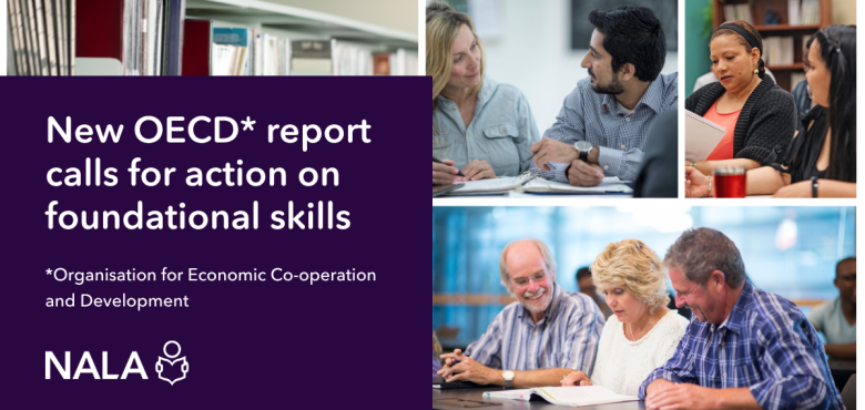 New OECD report calls for action on foundational skills. Photos show adult learners in different education settings.