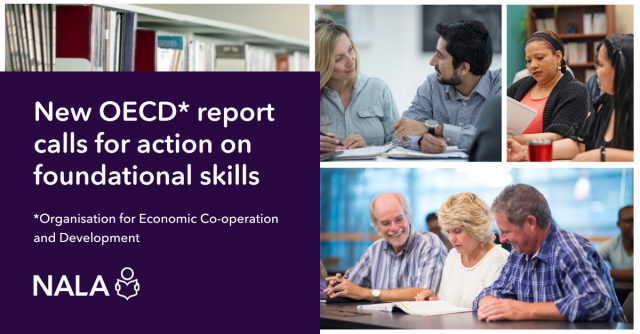 New OECD report calls for action on foundational skills. Photos show adult learners in different education settings.