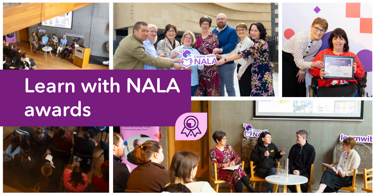 Learn with NALA awards. A selection of photos of adult learners celebrating and receiving certificates.