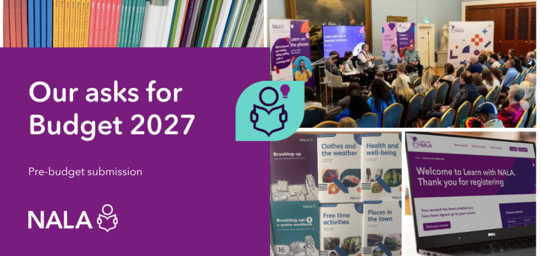 NALA banner about Budget 2027 with event, learning, and website images.